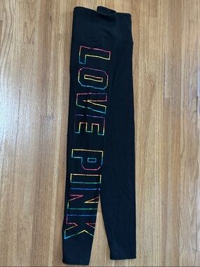 PINK Victoria's Secret Black Cotton Leggings with Rainbow LOVE PINK